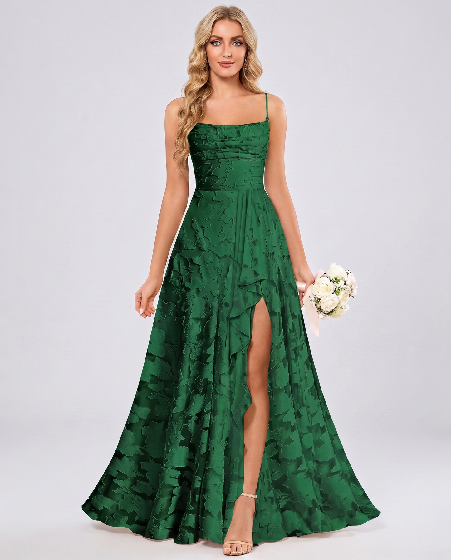 Emerald Floral Jacquard Chiffon Sleeveless Square Neck A-Line Maxi Dress | Ramblion