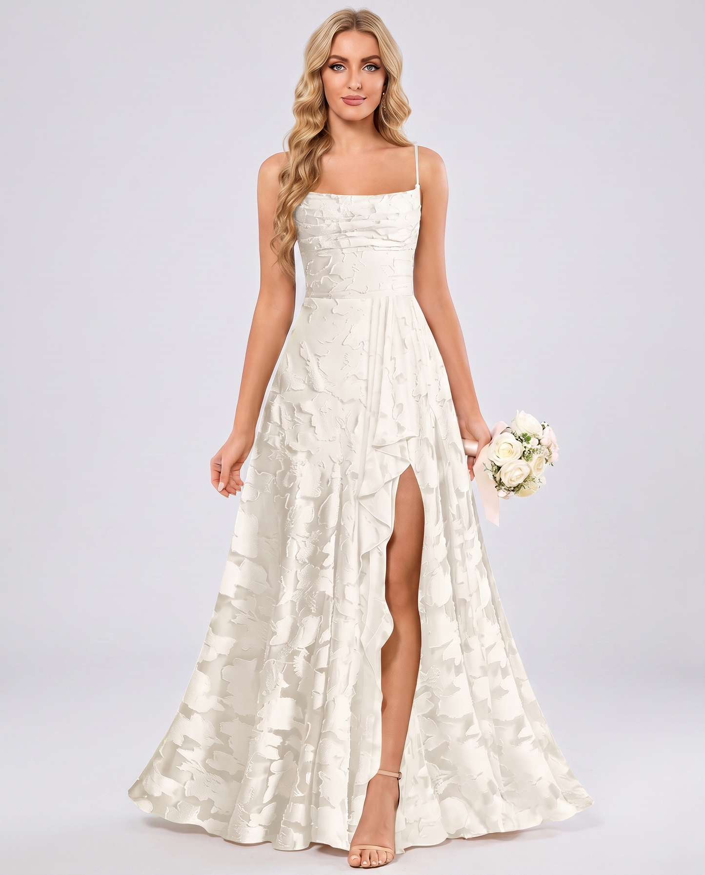 Сhampagne Floral Jacquard Chiffon Sleeveless Square Neck A-Line Maxi Dress | Ramblion