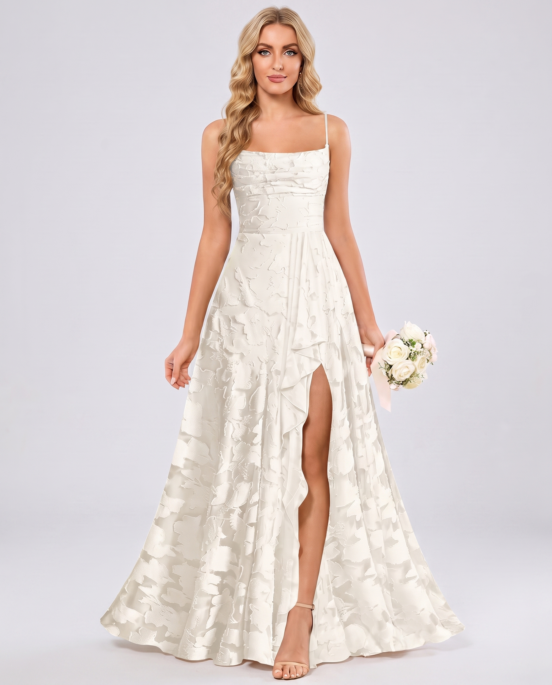 Сhampagne Floral Jacquard Chiffon Sleeveless Square Neck A-Line Maxi Dress | Ramblion