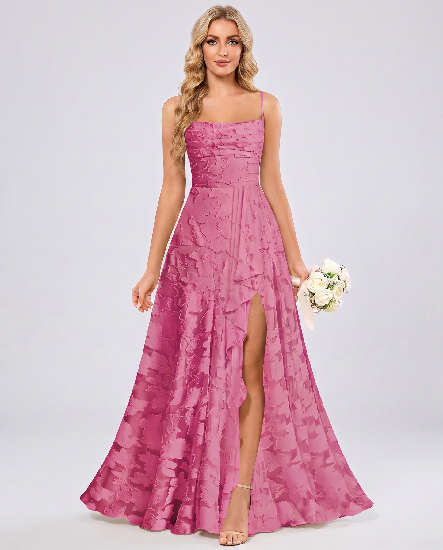 Hot pink Floral Jacquard Chiffon Sleeveless Square Neck A-Line Maxi Dress | Ramblion