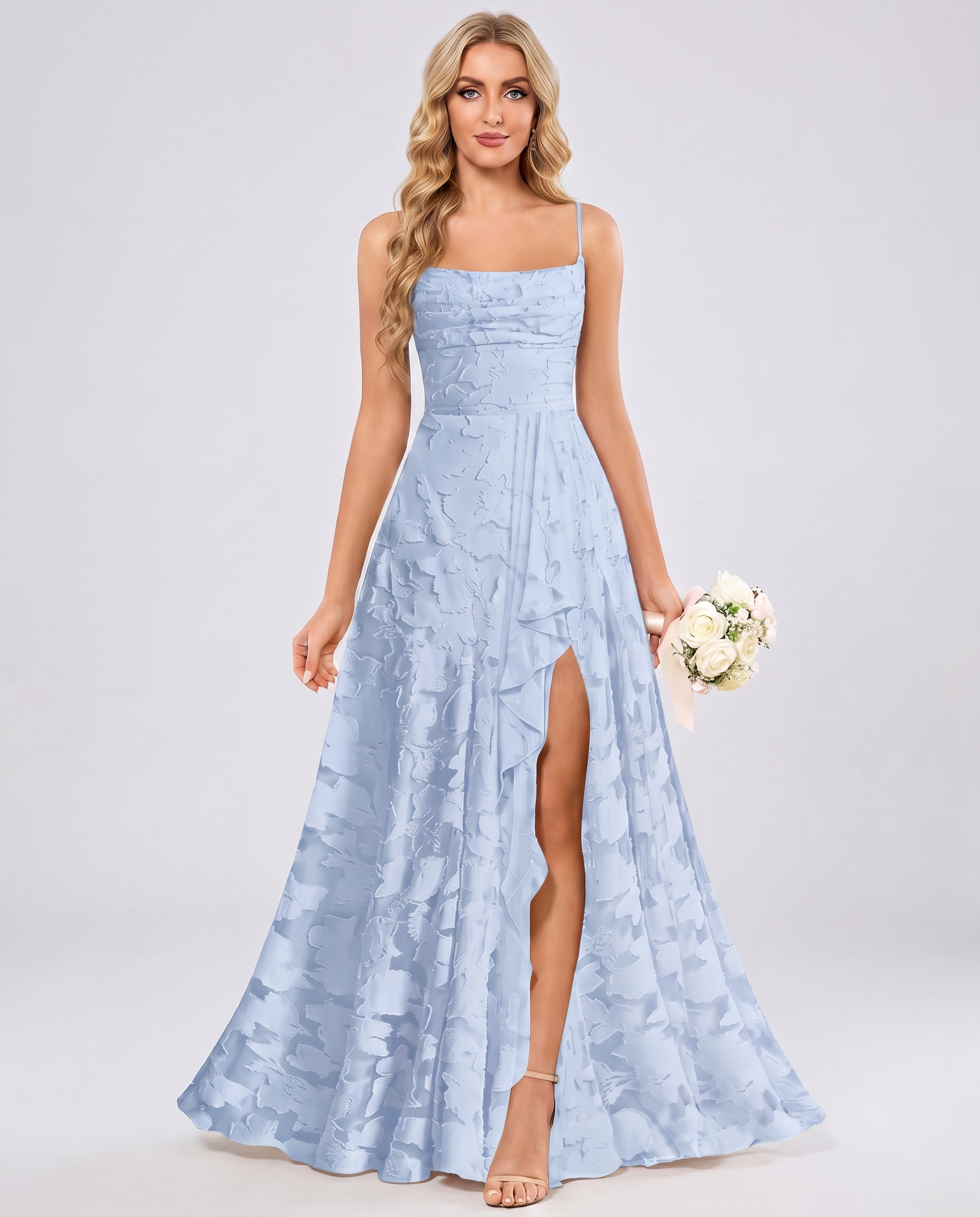 Light blue Floral Jacquard Chiffon Sleeveless Square Neck A-Line Maxi Dress | Ramblion