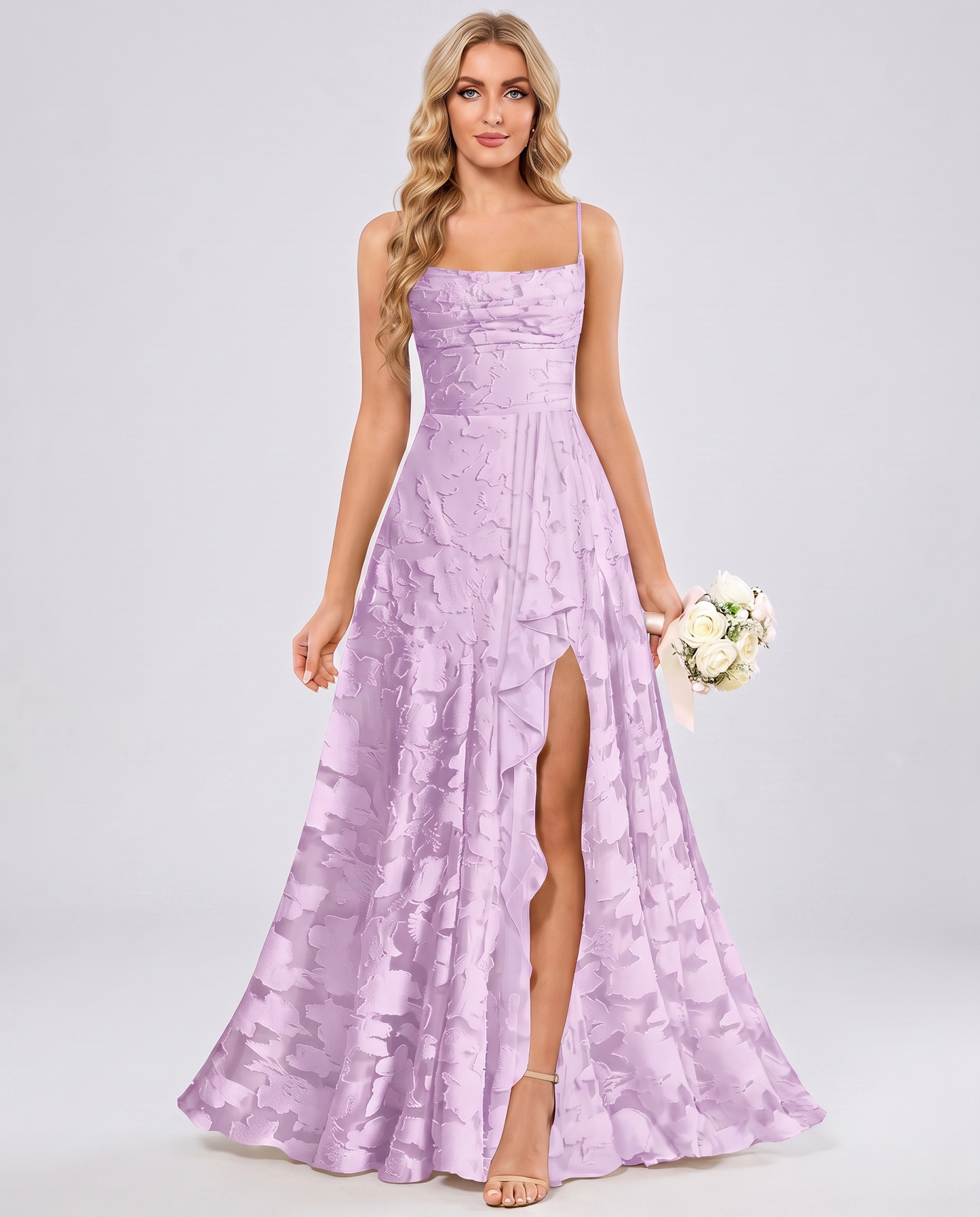 Lilac Floral Jacquard Chiffon Sleeveless Square Neck A-Line Maxi Dress | Ramblion