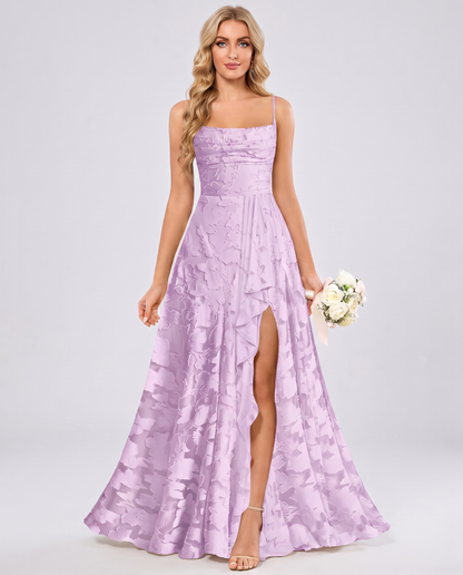 Lilac Floral Jacquard Chiffon Sleeveless Square Neck A-Line Maxi Dress | Ramblion