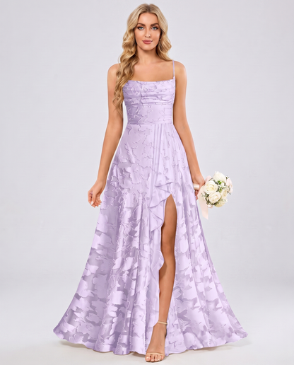 Lavender Floral Jacquard Chiffon Sleeveless Square Neck A-Line Maxi Dress | Ramblion