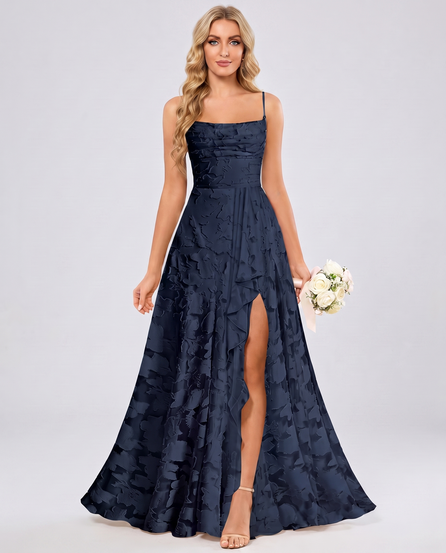 Navy Floral Jacquard Chiffon Sleeveless Square Neck A-Line Maxi Dress | Ramblion