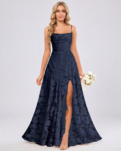 Navy Floral Jacquard Chiffon Sleeveless Square Neck A-Line Maxi Dress | Ramblion