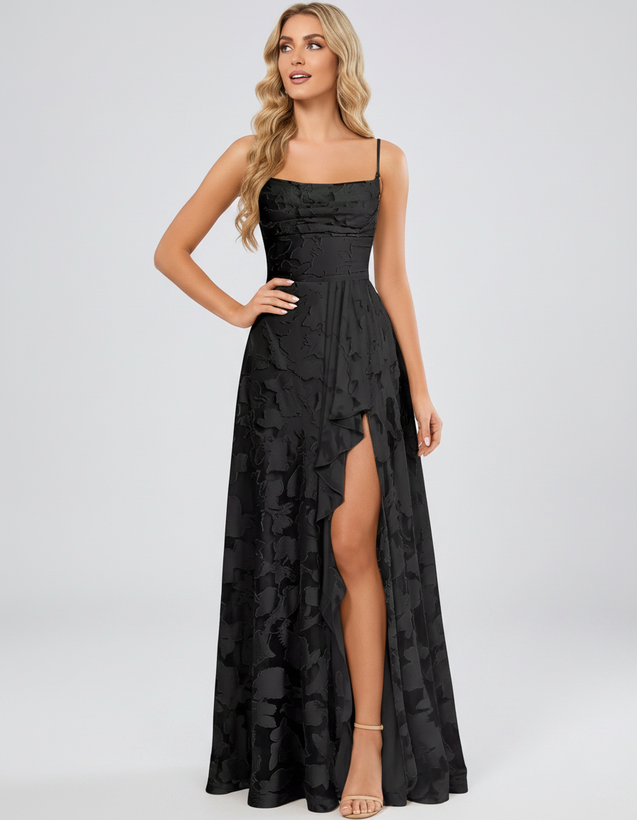 Black Floral Jacquard Chiffon Sleeveless Square Neck A-Line Maxi Dress | Ramblion | SKU: SM-483920571684315-BLACK-L,SM-483920571684315-BLACK-M,SM-483920571684315-BLACK-S,SM-483920571684315-BLACK-XL,SM-483920571684315-BLACK-XS