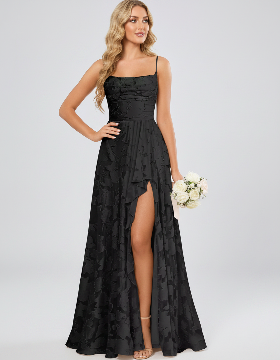 Black Floral Jacquard Chiffon Sleeveless Square Neck A-Line Maxi Dress | Ramblion | SKU: SM-483920571684315-BLACK-L,SM-483920571684315-BLACK-M,SM-483920571684315-BLACK-S,SM-483920571684315-BLACK-XL,SM-483920571684315-BLACK-XS