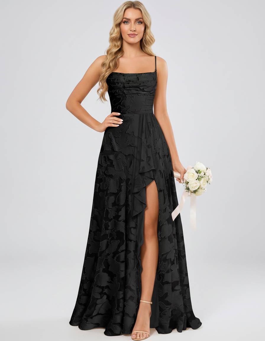 Black Floral Jacquard Chiffon Sleeveless Square Neck A-Line Maxi Dress | Ramblion | SKU: SM-483920571684315-BLACK-L,SM-483920571684315-BLACK-M,SM-483920571684315-BLACK-S,SM-483920571684315-BLACK-XL,SM-483920571684315-BLACK-XS