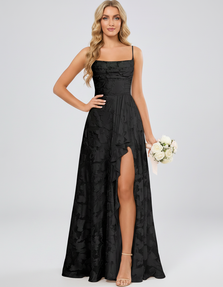 Black Floral Jacquard Chiffon Sleeveless Square Neck A-Line Maxi Dress | Ramblion | SKU: SM-483920571684315-BLACK-L,SM-483920571684315-BLACK-M,SM-483920571684315-BLACK-S,SM-483920571684315-BLACK-XL,SM-483920571684315-BLACK-XS