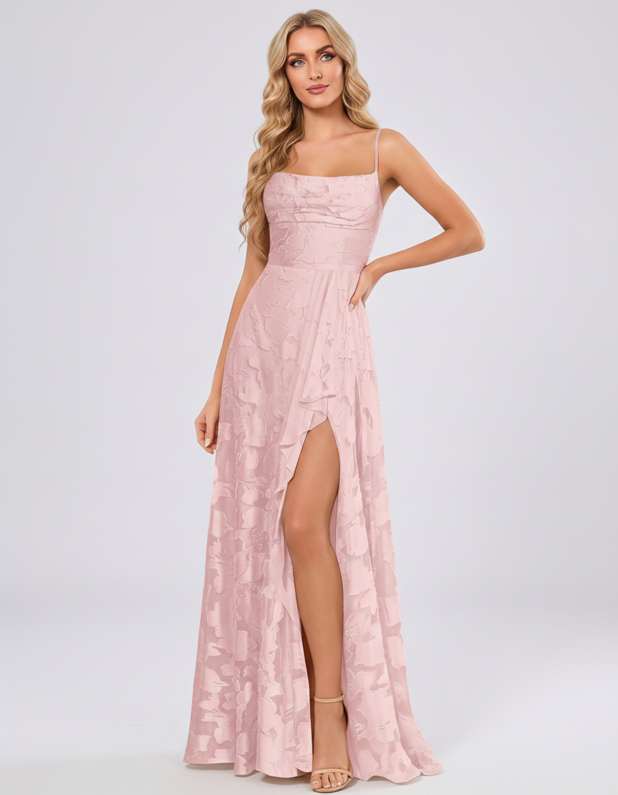 Blush Floral Jacquard Chiffon Sleeveless Square Neck A-Line Maxi Dress | Ramblion | SKU: SM-483920571684315-BLUSH-L,SM-483920571684315-BLUSH-M,SM-483920571684315-BLUSH-S,SM-483920571684315-BLUSH-XL,SM-483920571684315-BLUSH-XS
