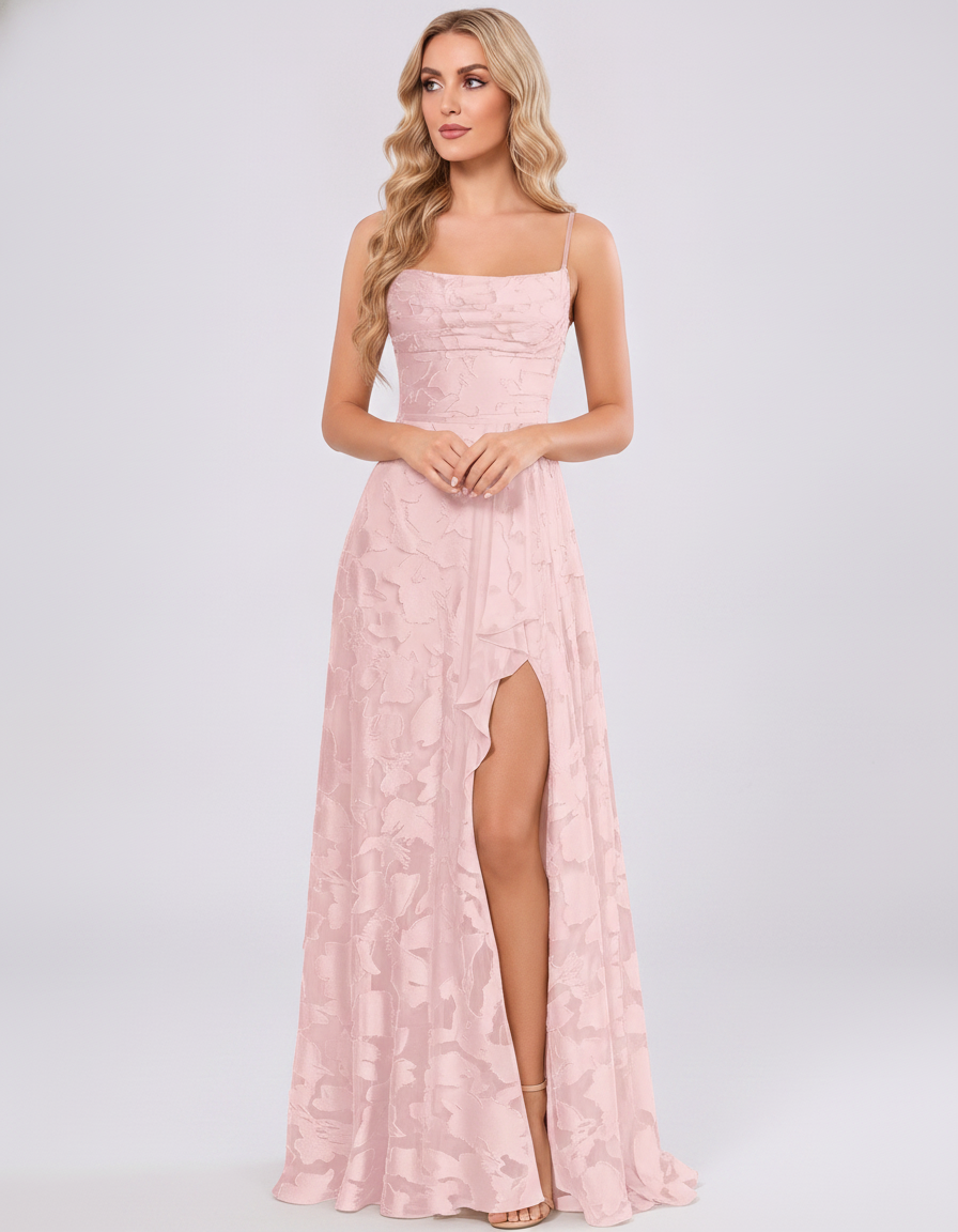 Blush Floral Jacquard Chiffon Sleeveless Square Neck A-Line Maxi Dress | Ramblion | SKU: SM-483920571684315-BLUSH-L,SM-483920571684315-BLUSH-M,SM-483920571684315-BLUSH-S,SM-483920571684315-BLUSH-XL,SM-483920571684315-BLUSH-XS
