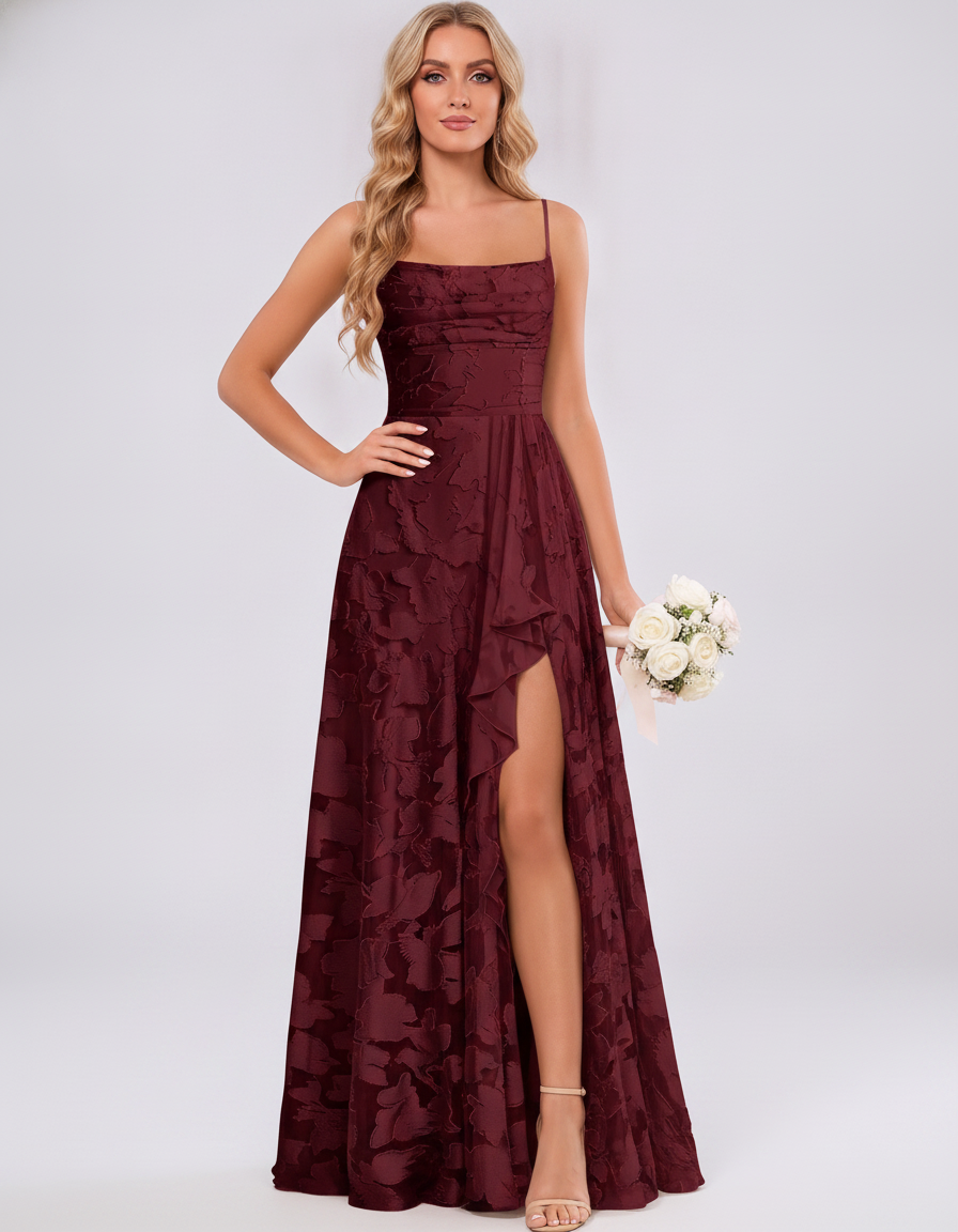 Burgundy Floral Jacquard Chiffon Sleeveless Square Neck A-Line Maxi Dress | Ramblion | SKU: SM-483920571684315-BURGUNDY-L,SM-483920571684315-BURGUNDY-M,SM-483920571684315-BURGUNDY-S,SM-483920571684315-BURGUNDY-XL,SM-483920571684315-BURGUNDY-XS