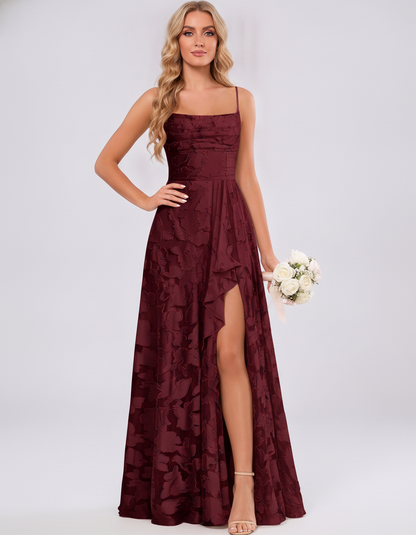 Burgundy Floral Jacquard Chiffon Sleeveless Square Neck A-Line Maxi Dress | Ramblion | SKU: SM-483920571684315-BURGUNDY-L,SM-483920571684315-BURGUNDY-M,SM-483920571684315-BURGUNDY-S,SM-483920571684315-BURGUNDY-XL,SM-483920571684315-BURGUNDY-XS