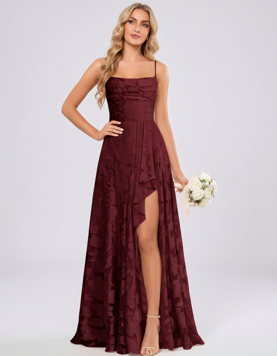 Burgundy Floral Jacquard Chiffon Sleeveless Square Neck A-Line Maxi Dress | Ramblion | SKU: SM-483920571684315-BURGUNDY-L,SM-483920571684315-BURGUNDY-M,SM-483920571684315-BURGUNDY-S,SM-483920571684315-BURGUNDY-XL,SM-483920571684315-BURGUNDY-XS
