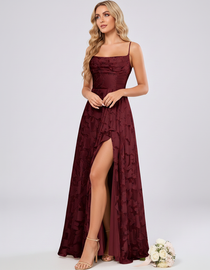 Burgundy Floral Jacquard Chiffon Sleeveless Square Neck A-Line Maxi Dress | Ramblion | SKU: SM-483920571684315-BURGUNDY-L,SM-483920571684315-BURGUNDY-M,SM-483920571684315-BURGUNDY-S,SM-483920571684315-BURGUNDY-XL,SM-483920571684315-BURGUNDY-XS