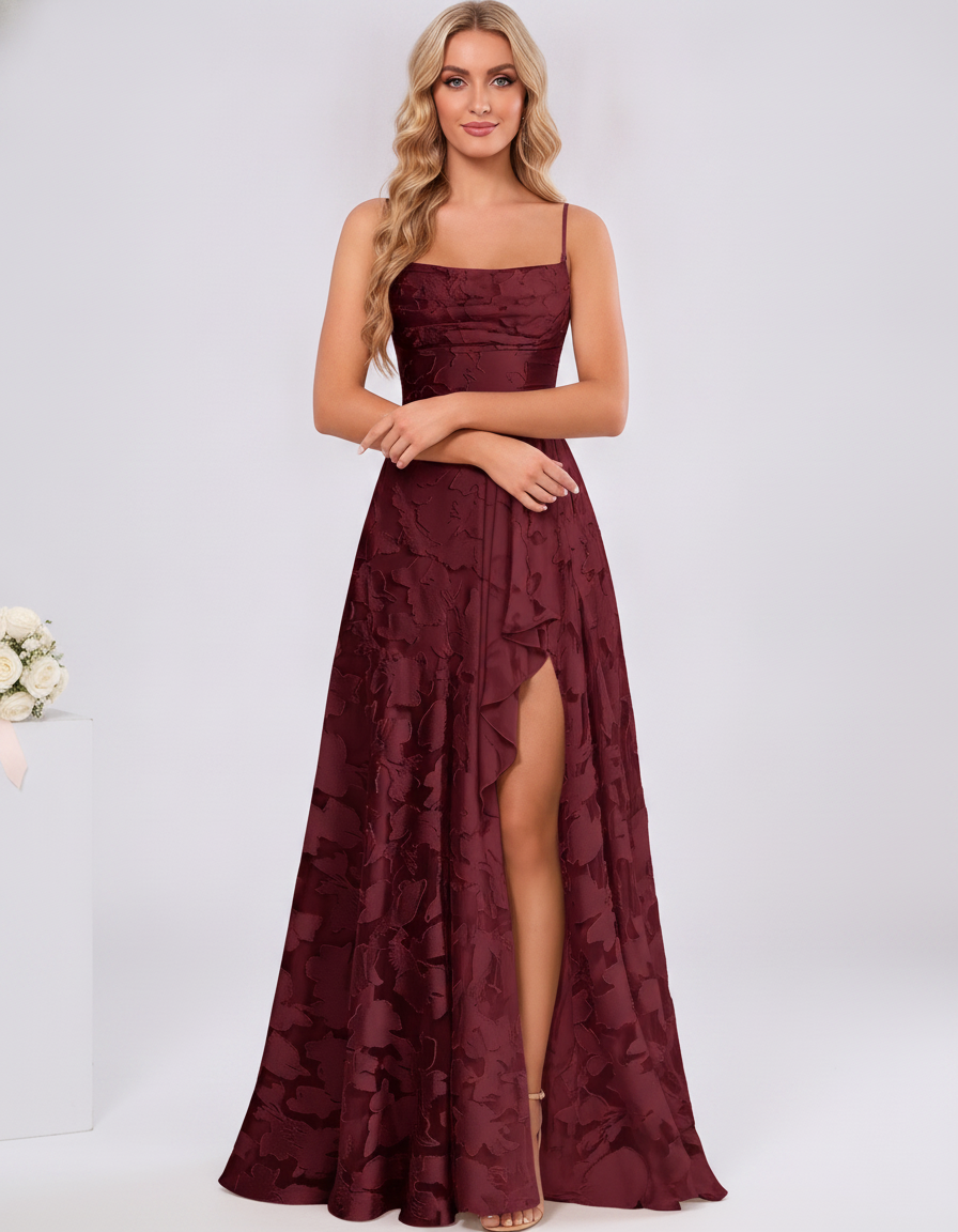 Burgundy Floral Jacquard Chiffon Sleeveless Square Neck A-Line Maxi Dress | Ramblion | SKU: SM-483920571684315-BURGUNDY-L,SM-483920571684315-BURGUNDY-M,SM-483920571684315-BURGUNDY-S,SM-483920571684315-BURGUNDY-XL,SM-483920571684315-BURGUNDY-XS