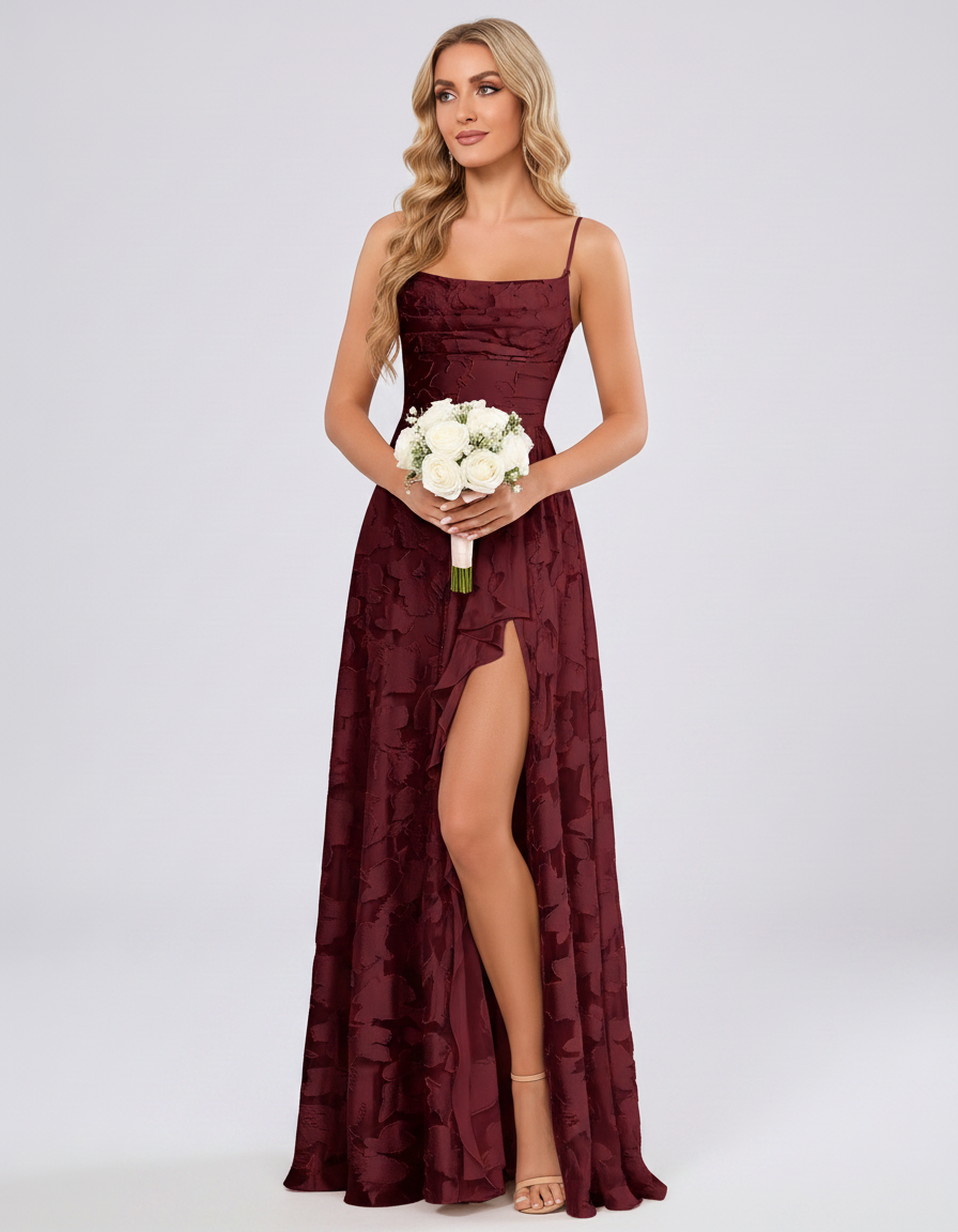 Burgundy Floral Jacquard Chiffon Sleeveless Square Neck A-Line Maxi Dress | Ramblion | SKU: SM-483920571684315-BURGUNDY-L,SM-483920571684315-BURGUNDY-M,SM-483920571684315-BURGUNDY-S,SM-483920571684315-BURGUNDY-XL,SM-483920571684315-BURGUNDY-XS