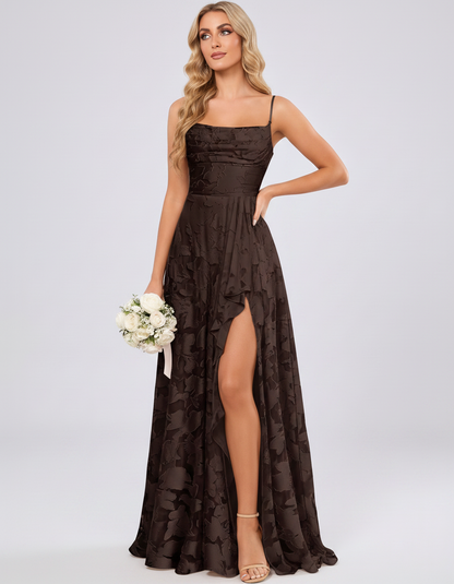 Brown Floral Jacquard Chiffon Sleeveless Square Neck A-Line Maxi Dress | Ramblion | SKU: SM-483920571684315-BROWN-L,SM-483920571684315-BROWN-M,SM-483920571684315-BROWN-S,SM-483920571684315-BROWN-XL,SM-483920571684315-BROWN-XS