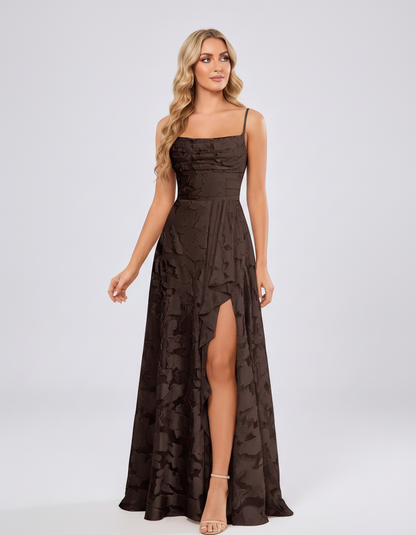 Brown Floral Jacquard Chiffon Sleeveless Square Neck A-Line Maxi Dress | Ramblion | SKU: SM-483920571684315-BROWN-L,SM-483920571684315-BROWN-M,SM-483920571684315-BROWN-S,SM-483920571684315-BROWN-XL,SM-483920571684315-BROWN-XS