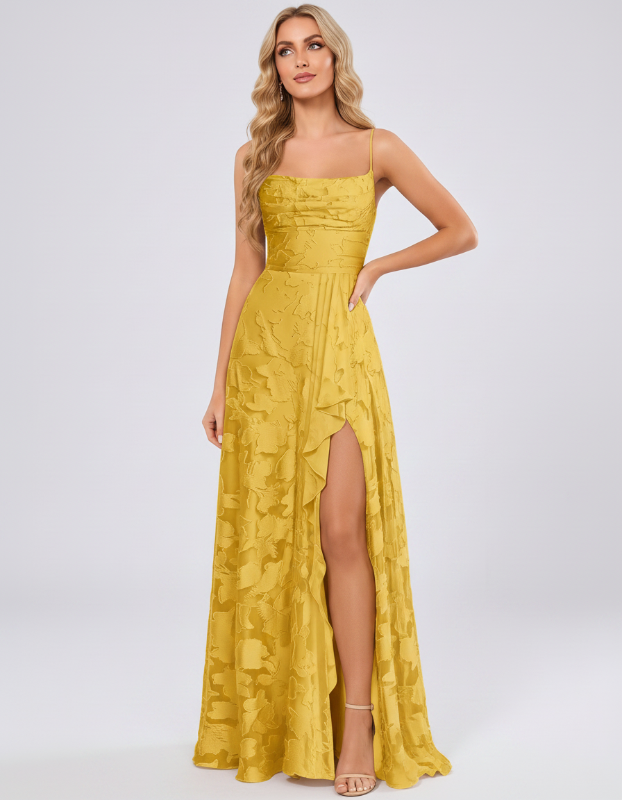 Gold Floral Jacquard Chiffon Sleeveless Square Neck A-Line Maxi Dress | Ramblion | SKU: SM-483920571684315-GOLD-L,SM-483920571684315-GOLD-M,SM-483920571684315-GOLD-S,SM-483920571684315-GOLD-XL,SM-483920571684315-GOLD-XS