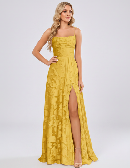 Gold Floral Jacquard Chiffon Sleeveless Square Neck A-Line Maxi Dress | Ramblion | SKU: SM-483920571684315-GOLD-L,SM-483920571684315-GOLD-M,SM-483920571684315-GOLD-S,SM-483920571684315-GOLD-XL,SM-483920571684315-GOLD-XS