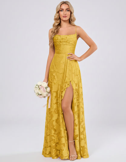 Gold Floral Jacquard Chiffon Sleeveless Square Neck A-Line Maxi Dress | Ramblion | SKU: SM-483920571684315-GOLD-L,SM-483920571684315-GOLD-M,SM-483920571684315-GOLD-S,SM-483920571684315-GOLD-XL,SM-483920571684315-GOLD-XS