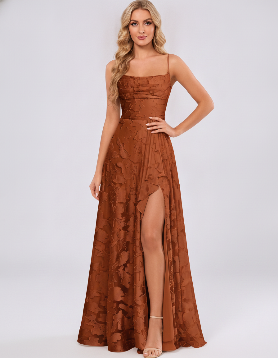 Burnt orange Floral Jacquard Chiffon Sleeveless Square Neck A-Line Maxi Dress | Ramblion | SKU: SM-483920571684315-BURNTORANGE-L,SM-483920571684315-BURNTORANGE-M,SM-483920571684315-BURNTORANGE-S,SM-483920571684315-BURNTORANGE-XL,SM-483920571684315-BURNTORANGE-XS