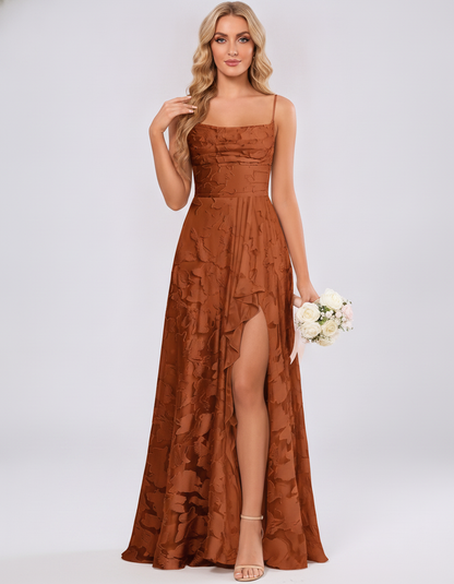 Burnt orange Floral Jacquard Chiffon Sleeveless Square Neck A-Line Maxi Dress | Ramblion | SKU: SM-483920571684315-BURNTORANGE-L,SM-483920571684315-BURNTORANGE-M,SM-483920571684315-BURNTORANGE-S,SM-483920571684315-BURNTORANGE-XL,SM-483920571684315-BURNTORANGE-XS