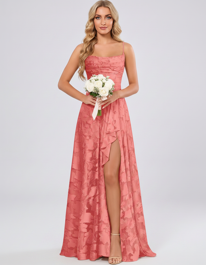 Coral Floral Jacquard Chiffon Sleeveless Square Neck A-Line Maxi Dress | Ramblion | SKU: SM-483920571684315-CORAL-L,SM-483920571684315-CORAL-M,SM-483920571684315-CORAL-S,SM-483920571684315-CORAL-XL,SM-483920571684315-CORAL-XS