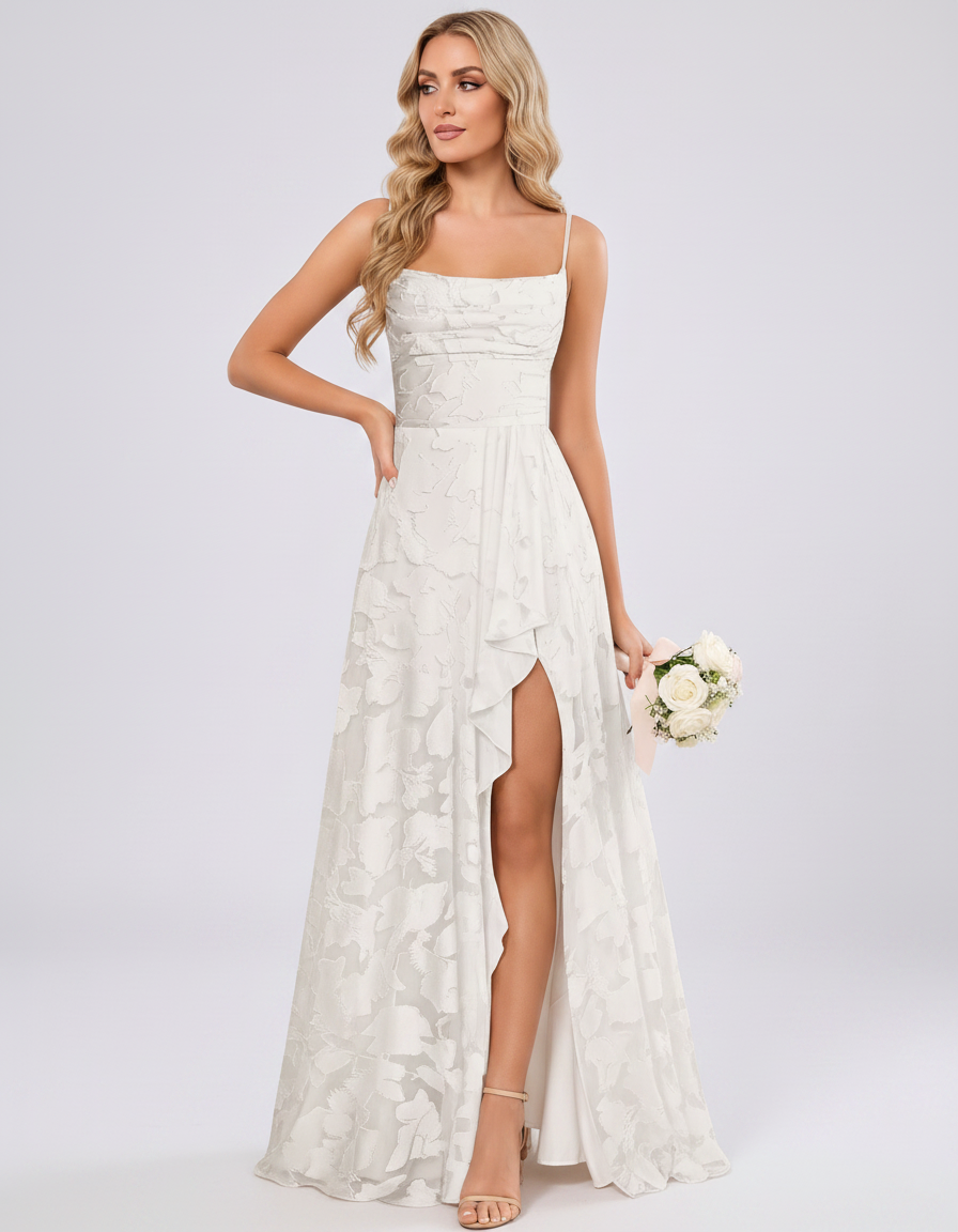 Ivory Floral Jacquard Chiffon Sleeveless Square Neck A-Line Maxi Dress | Ramblion | SKU: SM-483920571684315-IVORY-L,SM-483920571684315-IVORY-M,SM-483920571684315-IVORY-S,SM-483920571684315-IVORY-XL,SM-483920571684315-IVORY-XS