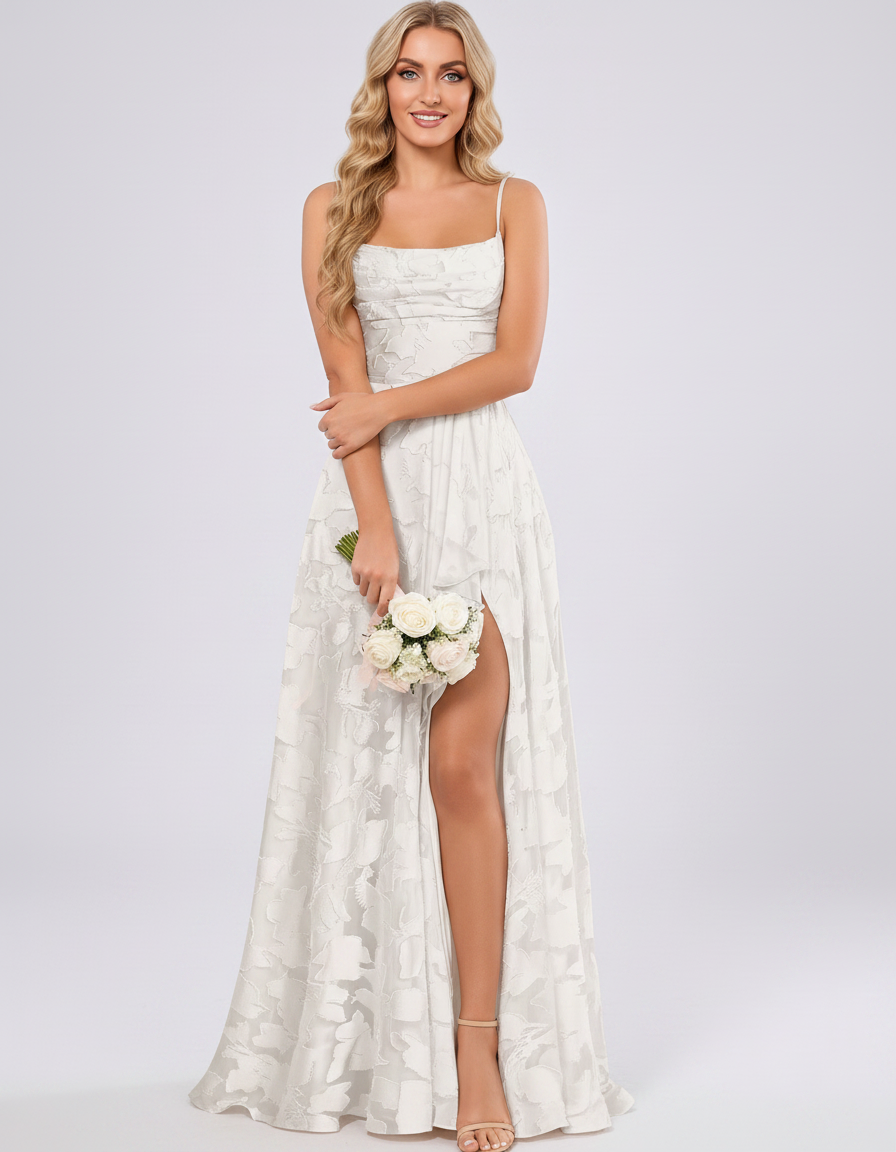 Ivory Floral Jacquard Chiffon Sleeveless Square Neck A-Line Maxi Dress | Ramblion | SKU: SM-483920571684315-IVORY-L,SM-483920571684315-IVORY-M,SM-483920571684315-IVORY-S,SM-483920571684315-IVORY-XL,SM-483920571684315-IVORY-XS