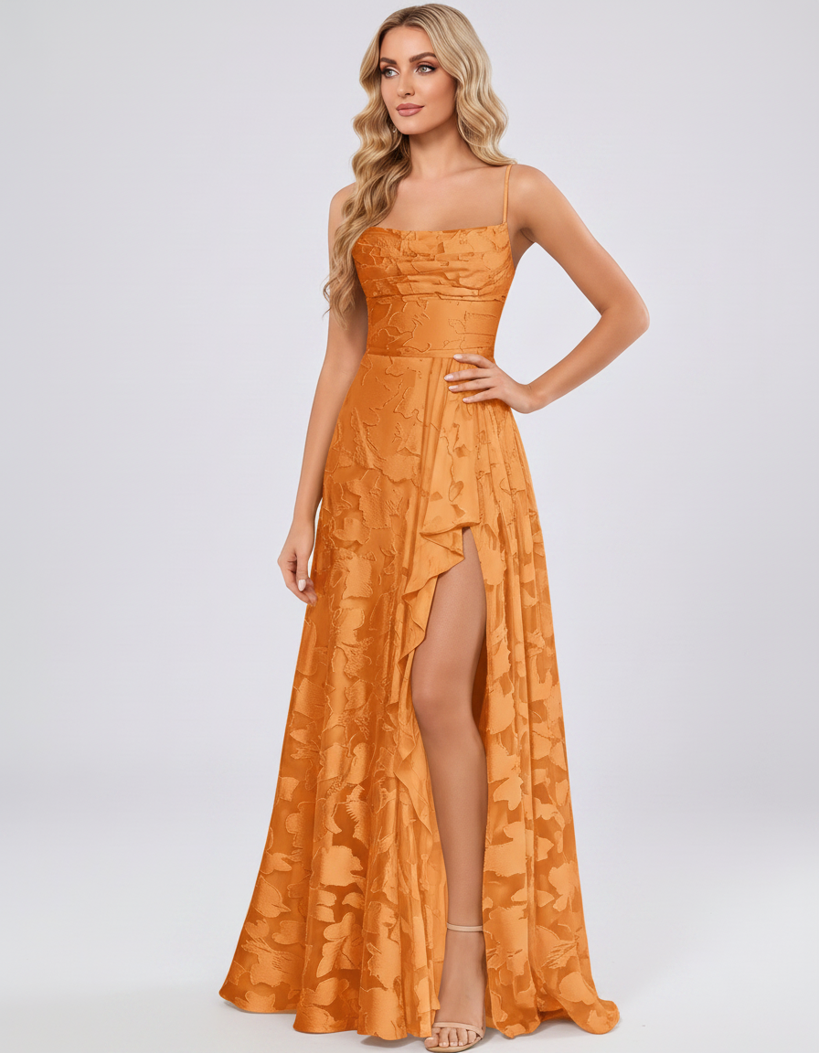 Orange Floral Jacquard Chiffon Sleeveless Square Neck A-Line Maxi Dress | Ramblion | SKU: SM-483920571684315-ORANGE-L,SM-483920571684315-ORANGE-M,SM-483920571684315-ORANGE-S,SM-483920571684315-ORANGE-XL,SM-483920571684315-ORANGE-XS
