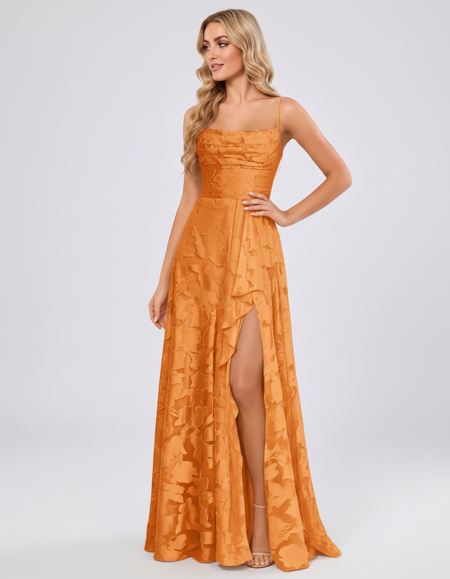 Orange Floral Jacquard Chiffon Sleeveless Square Neck A-Line Maxi Dress | Ramblion | SKU: SM-483920571684315-ORANGE-L,SM-483920571684315-ORANGE-M,SM-483920571684315-ORANGE-S,SM-483920571684315-ORANGE-XL,SM-483920571684315-ORANGE-XS
