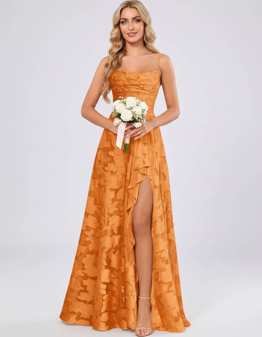 Orange Floral Jacquard Chiffon Sleeveless Square Neck A-Line Maxi Dress | Ramblion | SKU: SM-483920571684315-ORANGE-L,SM-483920571684315-ORANGE-M,SM-483920571684315-ORANGE-S,SM-483920571684315-ORANGE-XL,SM-483920571684315-ORANGE-XS