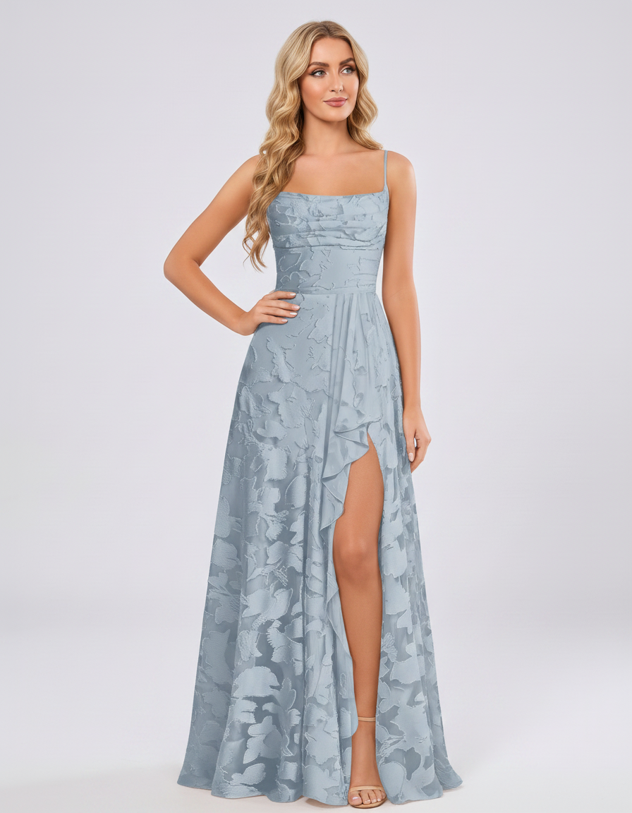 Dusty blue Floral Jacquard Chiffon Sleeveless Square Neck A-Line Maxi Dress | Ramblion | SKU: SM-483920571684315-DUSTYBLUE-L,SM-483920571684315-DUSTYBLUE-M,SM-483920571684315-DUSTYBLUE-S,SM-483920571684315-DUSTYBLUE-XL,SM-483920571684315-DUSTYBLUE-XS