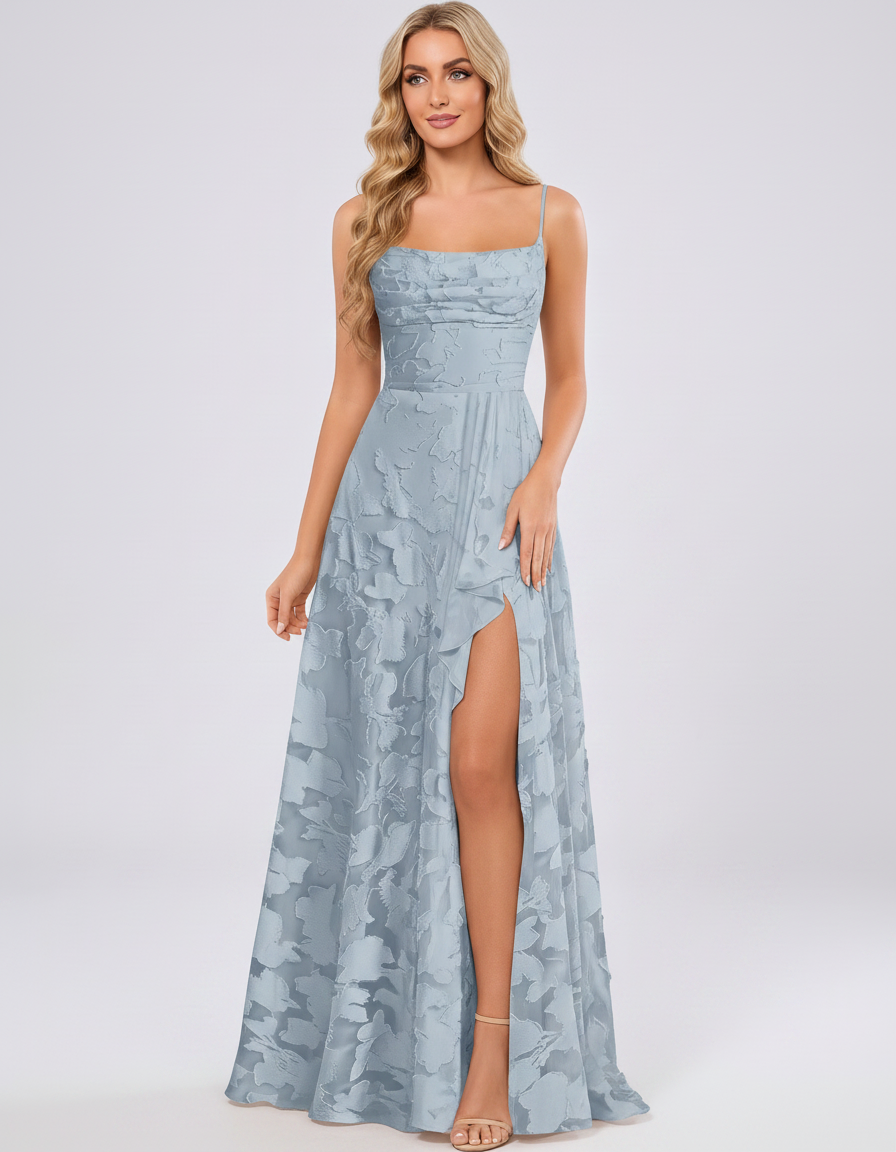Dusty blue Floral Jacquard Chiffon Sleeveless Square Neck A-Line Maxi Dress | Ramblion | SKU: SM-483920571684315-DUSTYBLUE-L,SM-483920571684315-DUSTYBLUE-M,SM-483920571684315-DUSTYBLUE-S,SM-483920571684315-DUSTYBLUE-XL,SM-483920571684315-DUSTYBLUE-XS