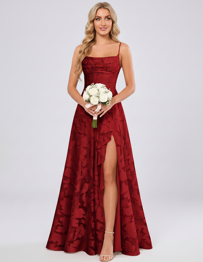 Red Floral Jacquard Chiffon Sleeveless Square Neck A-Line Maxi Dress | Ramblion | SKU: SM-483920571684315-RED-L,SM-483920571684315-RED-M,SM-483920571684315-RED-S,SM-483920571684315-RED-XL,SM-483920571684315-RED-XS