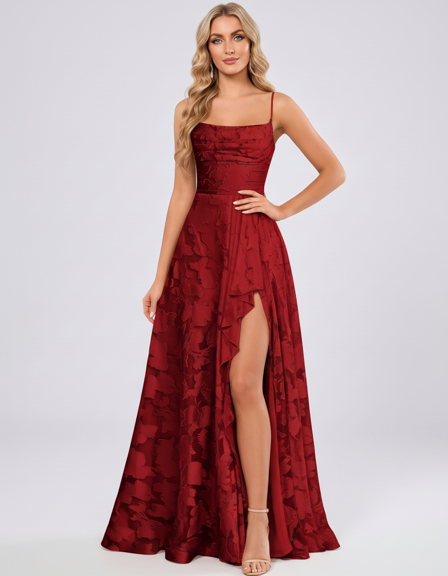 Red Floral Jacquard Chiffon Sleeveless Square Neck A-Line Maxi Dress | Ramblion | SKU: SM-483920571684315-RED-L,SM-483920571684315-RED-M,SM-483920571684315-RED-S,SM-483920571684315-RED-XL,SM-483920571684315-RED-XS