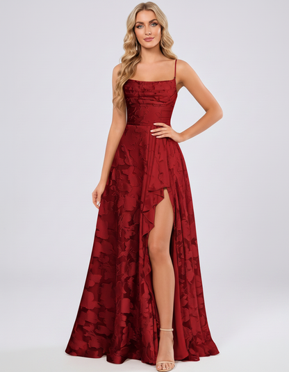 Red Floral Jacquard Chiffon Sleeveless Square Neck A-Line Maxi Dress | Ramblion | SKU: SM-483920571684315-RED-L,SM-483920571684315-RED-M,SM-483920571684315-RED-S,SM-483920571684315-RED-XL,SM-483920571684315-RED-XS