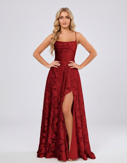 Red Floral Jacquard Chiffon Sleeveless Square Neck A-Line Maxi Dress | Ramblion | SKU: SM-483920571684315-RED-L,SM-483920571684315-RED-M,SM-483920571684315-RED-S,SM-483920571684315-RED-XL,SM-483920571684315-RED-XS