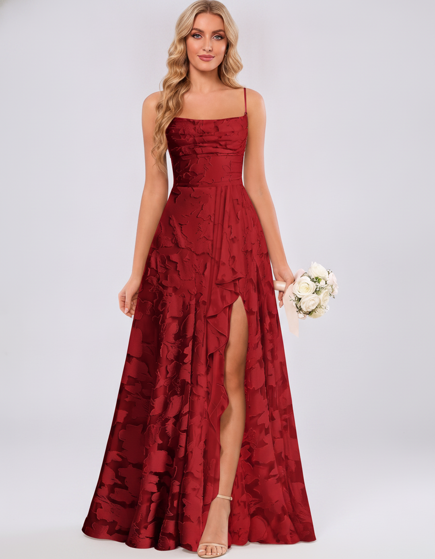 Red Floral Jacquard Chiffon Sleeveless Square Neck A-Line Maxi Dress | Ramblion | SKU: SM-483920571684315-RED-L,SM-483920571684315-RED-M,SM-483920571684315-RED-S,SM-483920571684315-RED-XL,SM-483920571684315-RED-XS