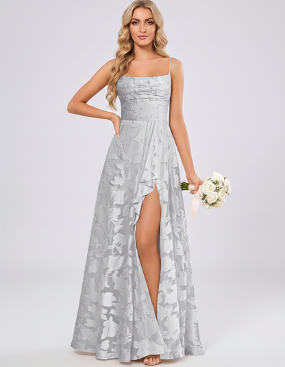 Silver Floral Jacquard Chiffon Sleeveless Square Neck A-Line Maxi Dress | Ramblion | SKU: SM-483920571684315-SILVER-L,SM-483920571684315-SILVER-M,SM-483920571684315-SILVER-S,SM-483920571684315-SILVER-XL,SM-483920571684315-SILVER-XS