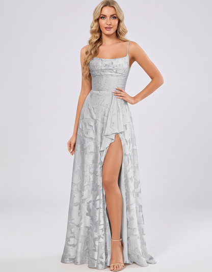 Silver Floral Jacquard Chiffon Sleeveless Square Neck A-Line Maxi Dress | Ramblion | SKU: SM-483920571684315-SILVER-L,SM-483920571684315-SILVER-M,SM-483920571684315-SILVER-S,SM-483920571684315-SILVER-XL,SM-483920571684315-SILVER-XS