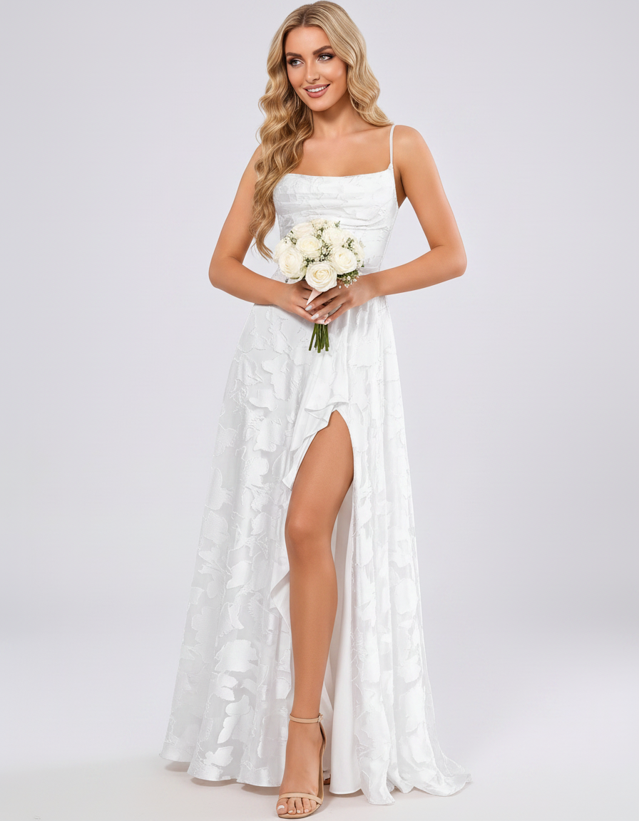White Floral Jacquard Chiffon Sleeveless Square Neck A-Line Maxi Dress | Ramblion | SKU: SM-483920571684315-WHITE-L,SM-483920571684315-WHITE-M,SM-483920571684315-WHITE-S,SM-483920571684315-WHITE-XL,SM-483920571684315-WHITE-XS