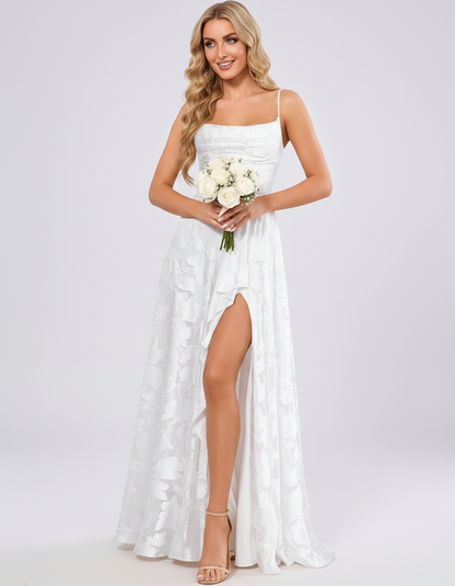 White Floral Jacquard Chiffon Sleeveless Square Neck A-Line Maxi Dress | Ramblion | SKU: SM-483920571684315-WHITE-L,SM-483920571684315-WHITE-M,SM-483920571684315-WHITE-S,SM-483920571684315-WHITE-XL,SM-483920571684315-WHITE-XS