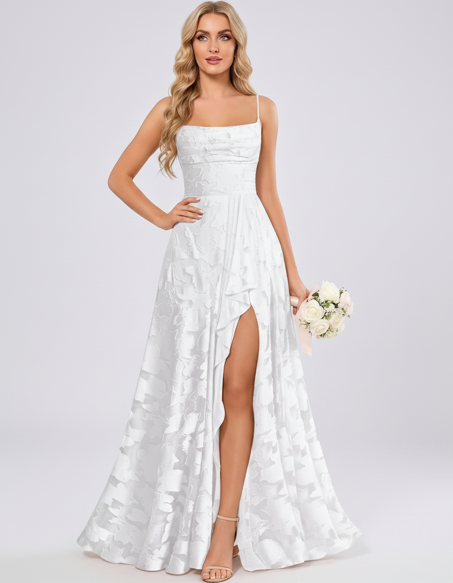 White Floral Jacquard Chiffon Sleeveless Square Neck A-Line Maxi Dress | Ramblion | SKU: SM-483920571684315-WHITE-L,SM-483920571684315-WHITE-M,SM-483920571684315-WHITE-S,SM-483920571684315-WHITE-XL,SM-483920571684315-WHITE-XS