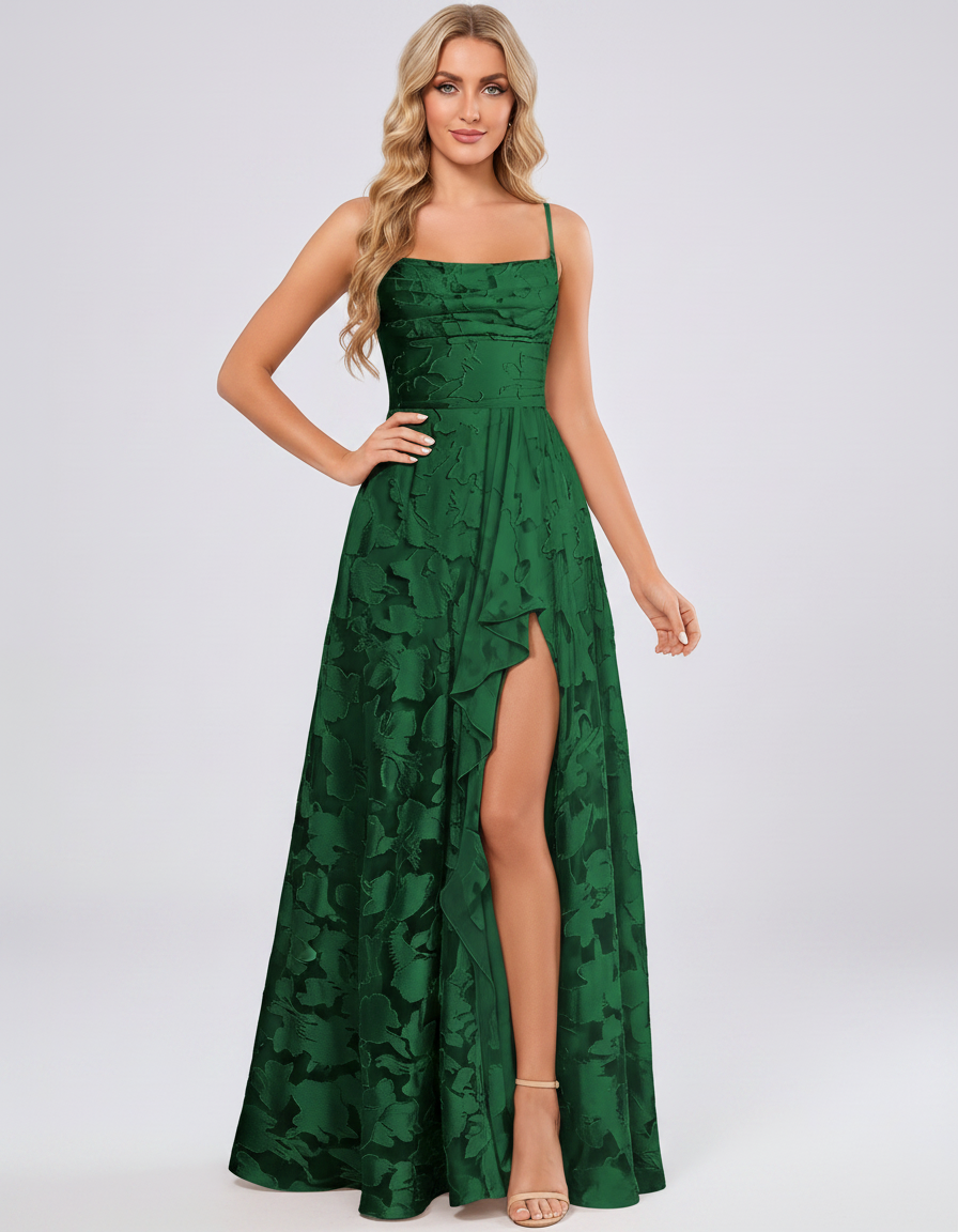 Emerald Floral Jacquard Chiffon Sleeveless Square Neck A-Line Maxi Dress | Ramblion | SKU: SM-483920571684315-EMERALD-L,SM-483920571684315-EMERALD-M,SM-483920571684315-EMERALD-S,SM-483920571684315-EMERALD-XL,SM-483920571684315-EMERALD-XS