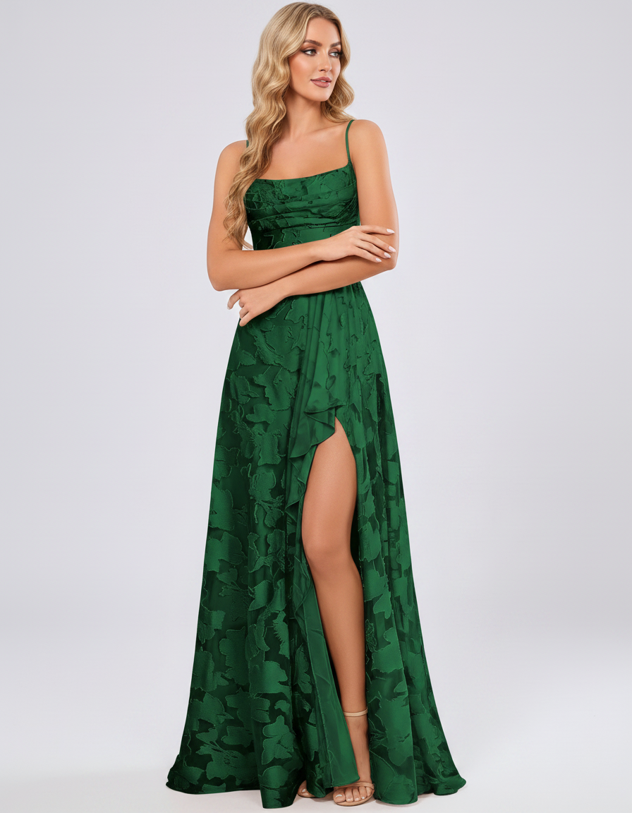 Emerald Floral Jacquard Chiffon Sleeveless Square Neck A-Line Maxi Dress | Ramblion | SKU: SM-483920571684315-EMERALD-L,SM-483920571684315-EMERALD-M,SM-483920571684315-EMERALD-S,SM-483920571684315-EMERALD-XL,SM-483920571684315-EMERALD-XS