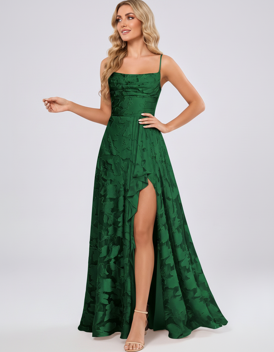 Emerald Floral Jacquard Chiffon Sleeveless Square Neck A-Line Maxi Dress | Ramblion | SKU: SM-483920571684315-EMERALD-L,SM-483920571684315-EMERALD-M,SM-483920571684315-EMERALD-S,SM-483920571684315-EMERALD-XL,SM-483920571684315-EMERALD-XS